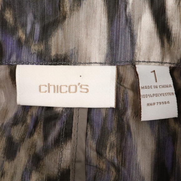 Chicos Jacket 1 Womens Medium 8 Blue Beige Nylon Blazer Ruffle Neck Career - Picture 3 of 15